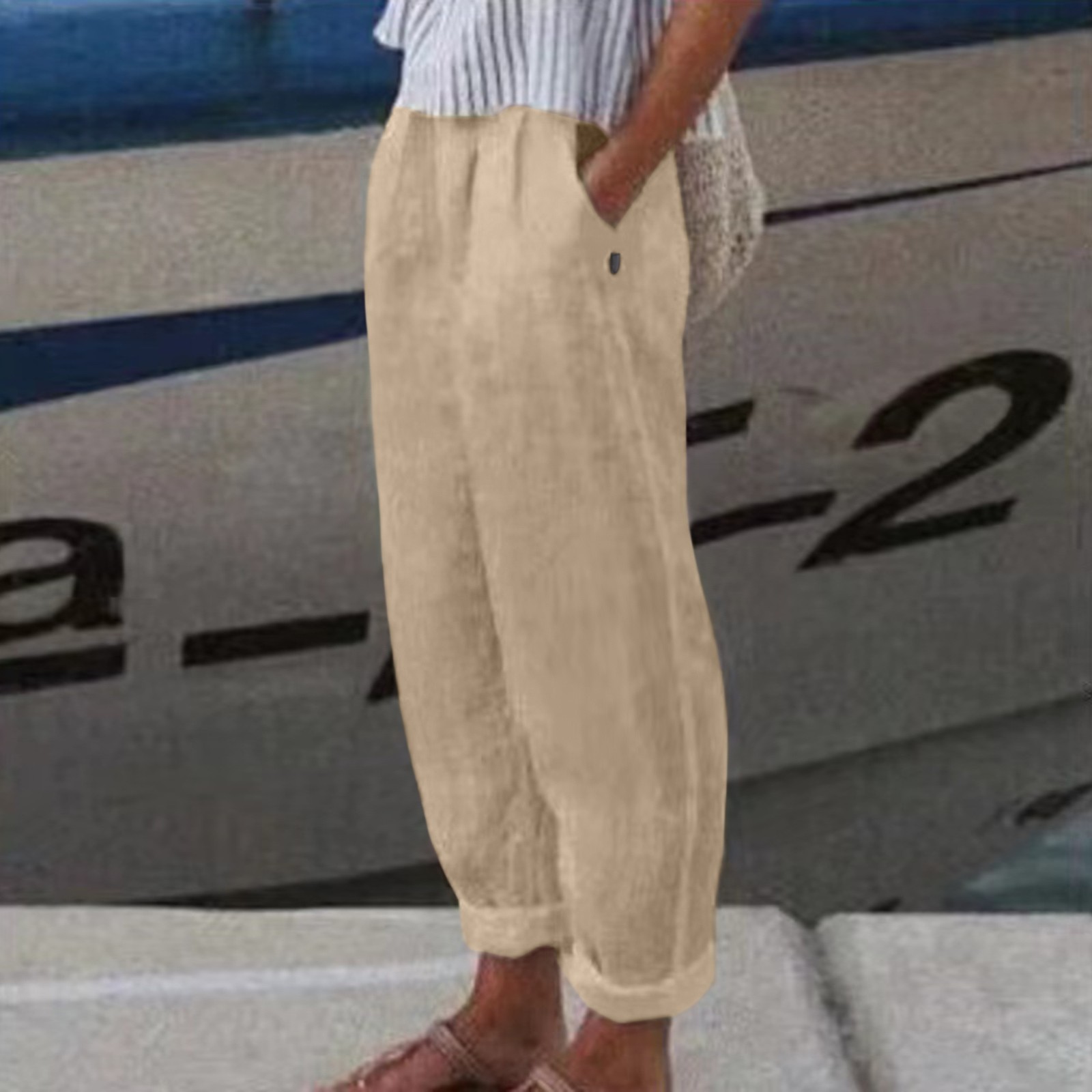thumbnail image 2 of Pantalones anchos de cintura alta para mujer: pantalones elásticos con cordón, poliéster, estampado, bolsillos laterales, corte deportivo informal., 2 of 8